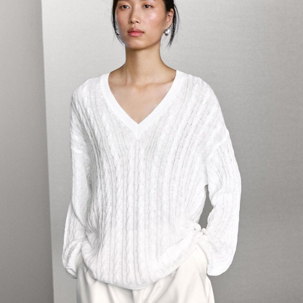 Massimo Dutti Womens Sweater M Medium Pullover off White cable knit 5659/577 NWT